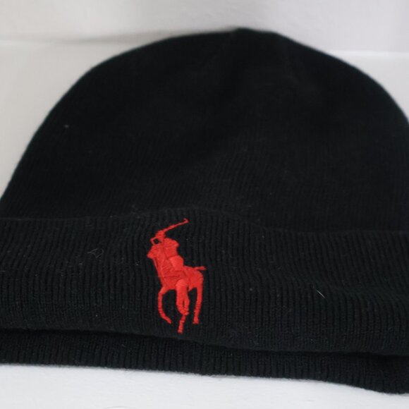 Polo Ralph Lauren Black Knit Beanie Red Pony Logo - Picture 5 of 5